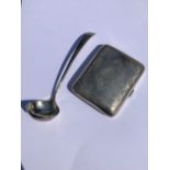 A HALLMARKED SILVER GEORGIAN SMALL SAUCE LADLE TOGETHER WITH HALLMARKED SILVER CIGARETTE CASE WITH