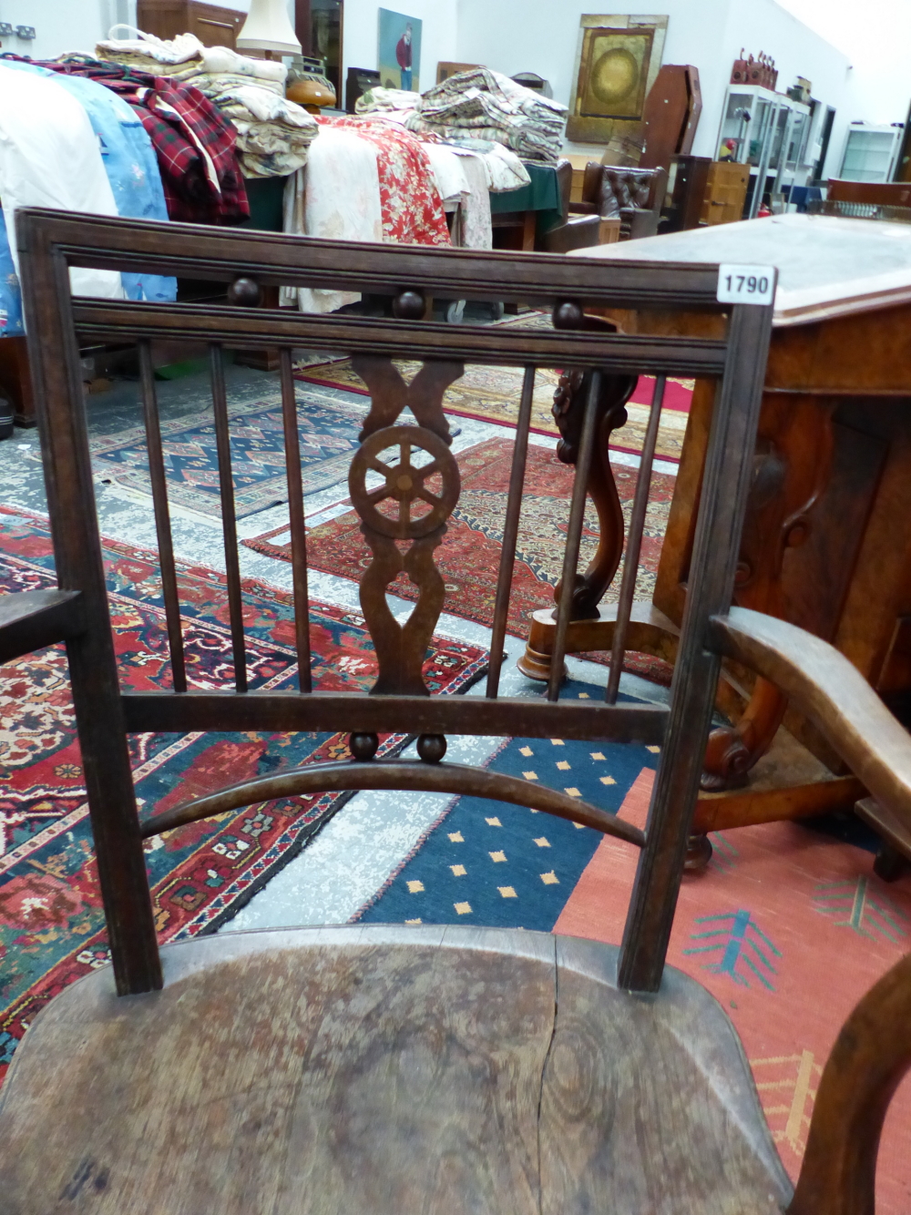 A 19th C. LINE INLAID ELBOW CHAIR THE WHEEL SPLAT FLANKED BY THREE BARS ABOVE AN OAK SADDLE SEAT - Image 6 of 6