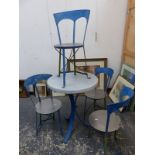 A SMALL PAINTED ART DECO PATIO TABLE AND FOUR CHAIRS.