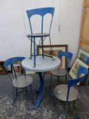 A SMALL PAINTED ART DECO PATIO TABLE AND FOUR CHAIRS.