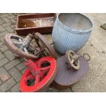 A SMALL GALVANIZED WASH DOLLY, VINTAGE CARTWHEELS ETC