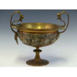 A 19th C. GRAND TOUR TYPE BRASS TWO LION MASK HANDLED FOOTED BOWL WITH AN ELECTROTYPE FRIEZE OF