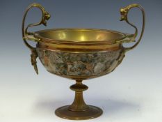 A 19th C. GRAND TOUR TYPE BRASS TWO LION MASK HANDLED FOOTED BOWL WITH AN ELECTROTYPE FRIEZE OF