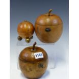 TWO APPLE SHAPED TEA CADDIES TOGETHER WITH A SPHERICAL BURR WOOD SCREW TOPPED STRING DISPENSER ON