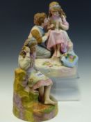 A ROBINSON AND LEADBEATER TINTED PARIAN GROUP OF A GIRL SEATED ON A ROCK DARNING WHILE A BOY