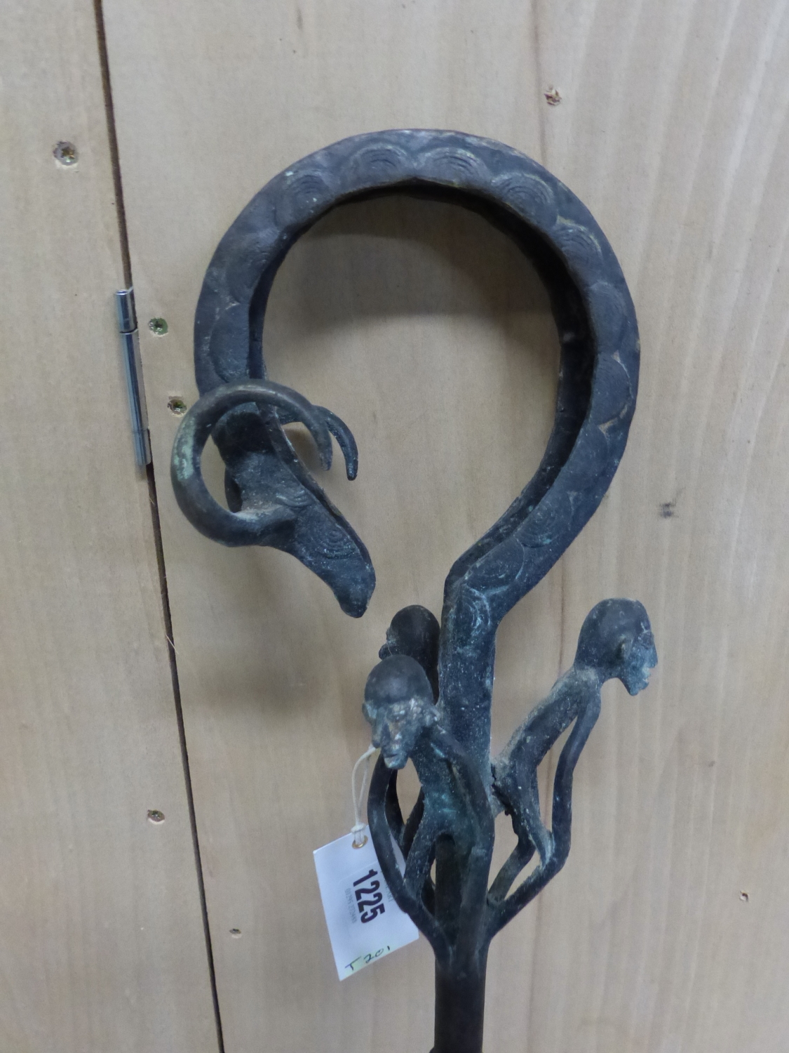 A 20th C. ASANTE BRONZE STAFF OF OFFICE, THE HOOKED HANDLE ENDING IN THE HEAD OF A GAZELLE ABOVE - Image 3 of 7