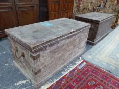 A PAIR OF LARGE LATE VICTORIAN IRON BOUND COUNTRY HOUSE CHESTS OR TRAVELLING TRUNKS H 66 W 132 D