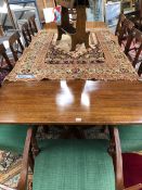 AN ANTIQUE AND LATER MAHOGANY TWIN PEDESTAL DINING TABLE, TWO LEAVES. LENGTH EXTENDED 258 H 72. W