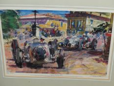 AFTER WALTER GOTSCHKE (1912-2000) ARR. FOUR PENCIL SIGNED COLOURED PRINTS OF VARIOUS CAR RACES OF