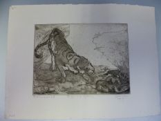 OROVIDA PISSARO (1893-1968) ARR. TIGER AND PYTHON, PENCIL SIGNED ETCHING. 18 x 25cms UNFRAMED