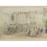 EUGENE BEJOT (1867-1931) AU MARCHE, WATERCOLOUR, GALLERY LABEL VERSO. 22 x 31cms