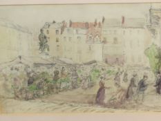 EUGENE BEJOT (1867-1931) AU MARCHE, WATERCOLOUR, GALLERY LABEL VERSO. 22 x 31cms