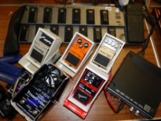 A COLLECTION OF GUITAR EFFECTS PEDALS, ROLAND FC-200 MIDI FOOT CONTROLLER, THREE BOSS PEDALS - DS-1,