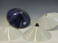 THREE MILK GLASS LIGHT SHADES TOGETHER WITH ANOTHER IN BLUE AND WHITE ENAMEL. Dia. 26cms.