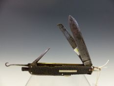 A JOSEPH RODGERS MULTI PURPOSE PENKNIFE WITH DICED EBONY HANDLE, THE SIX BLADES ACCOMPANIED BY A