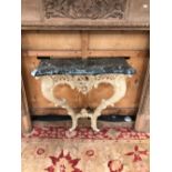 A 19th C. GREEN MARBLE TOPPED FRENCH CONSOLE TABLE, THE ROCOCO CARVED APRON ABOVE TWO CABRIOLE LEGS.
