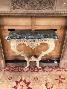 A 19th C. GREEN MARBLE TOPPED FRENCH CONSOLE TABLE, THE ROCOCO CARVED APRON ABOVE TWO CABRIOLE LEGS.