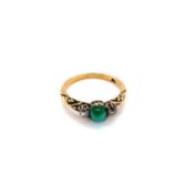 AN ANTIQUE OLD CUT DIAMOND AND TURQUOISE THREE STONE CARVED HOOP RING. UNHALLMARKED, STAMPED 18ct,