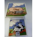 TWO 1920S CARTER POOLE POTTERY TILES FROM E E STICKLANDS FARMYARD SERIES DEPICTING RABBITS AND PIGS
