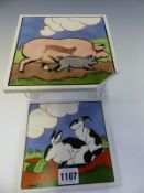 TWO 1920S CARTER POOLE POTTERY TILES FROM E E STICKLANDS FARMYARD SERIES DEPICTING RABBITS AND PIGS