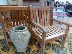 A PAIR OF TEAK GARDEN ARMCHAIRS BY WESTMINSTER.