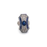 A SAPPHIRE AND DIAMOND COCKTAIL RING. UNHALLMARKED, STAMPED PLAT, ASSESSED AS PLATINUM.