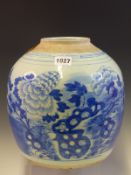 A CHINESE BLUE AND WHITE JAR PAINTED WITH PEONIES GROWING AMONGST ROCKS. Dia. 23cms.