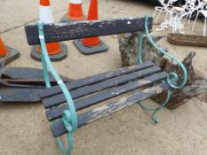SMALL GARDEN BENCH PAINTED WROUGHT IRON SUPPORTS. H 80 x W 96 x D 52cms