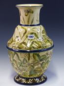 A LATE 19th C. DOULTON LAMBETH BALUSTER FAIENCE VASE PAINTED BY JOHN HUSKINSON WITH FLOWERING