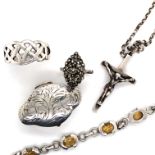 SILVER JEWELLERY TO INCLUDE A STONE SET BRACELET, A CELTIC RING, A MARCASITE RING,A CRUCIFIX AND