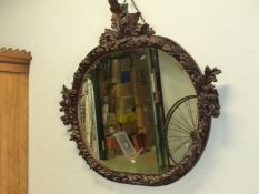 A LARGE CARVED PINE OVAL BAROQUE STYLE MIRROR ACANTHUS CREST, FRUITING VINE FRAME H 130 x W 140cms