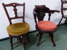 TWO CARVED VICTORIAN REVOLVING CHAIRS, AN ADJUSTABLE MUSIC CHAIR AND A DESK ARMCHAIR