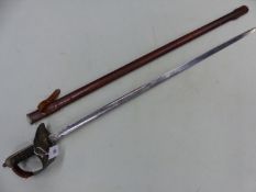 A GEORGE V OFFICERS SWORD, LEATHER BOUND SCABBARD AND CLOTH OUTER SLEEVE TOGETHER WITH A BAYONET