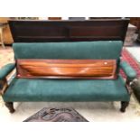 A VICTORIAN MAHOGANY SETTEE UPHOLSTERED IN GREEN SUEDE. W 168cms.