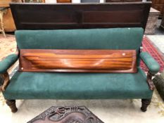 A VICTORIAN MAHOGANY SETTEE UPHOLSTERED IN GREEN SUEDE. W 168cms.