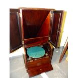 AN EARLY 20th C. STAINED WOOD TABLE TOP BUREAU BOOKCASE HOUSED WIND UP GRAMOPHONE, POSSIBLY BY