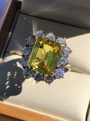 A YELLOW SAPPHIRE AND DIAMOND CLUSTER RING. THE CENTRAL YELLOW SAPPHIRE MEASUREMENTS APPROX 12.5 X