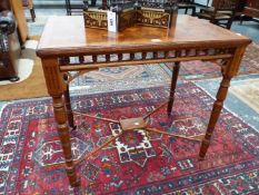 A LATE 19th C. OAK TABLE, THE RECTANGULAR TOP WITH PARQUETRY SQUARES ABOVE A BALUSTRADE APRON, THE