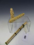 A CHINESE CHOPSTICK AND KNIFE CASE ENGRAVED WITH AUSPICIOUS OBJECTS, AN IVORY KING CHESS PIECE. H