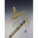 A CHINESE CHOPSTICK AND KNIFE CASE ENGRAVED WITH AUSPICIOUS OBJECTS, AN IVORY KING CHESS PIECE. H