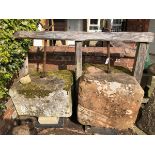 A CIDER PRESS COMPRISING OF TWO BLOCKS, WITH WROUGHT IRON MOUNTS 64 X 66 AND 51 X 73 cms. VIEWING