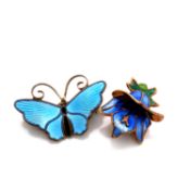 TWO SILVER AND ENAMEL DAVID ANDERSEN, NORWEGIAN BROOCHES. ONE IN THE FORM OF A BUTTERFLY THE OTHER A