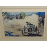 AFTER WALTER GOTSCHKE (1912-2000) ARR. FOUR PENCIL SIGNED COLOURED PRINTS OF 1920'S/30' CAR RACES.