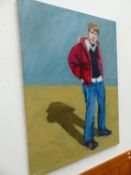 CONTEMPORARY SCHOOL. HAVING A FAG, OIL ON CANVAS, UNFRAMED. 122 x 92cms