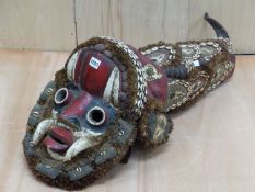 A LATE 19th C. CHOKROBA, BURKINO FASO MASK AND HEADDRESS, THE RED FACE OF THE FORMER WITH WHITE