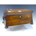 A 19th C. ROSEWOOD SARCOPHAGUS TEA CADDY, THE INTERIOR WITH TWO CANNISTERS AND A GLASS MIXING