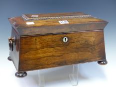 A 19th C. ROSEWOOD SARCOPHAGUS TEA CADDY, THE INTERIOR WITH TWO CANNISTERS AND A GLASS MIXING