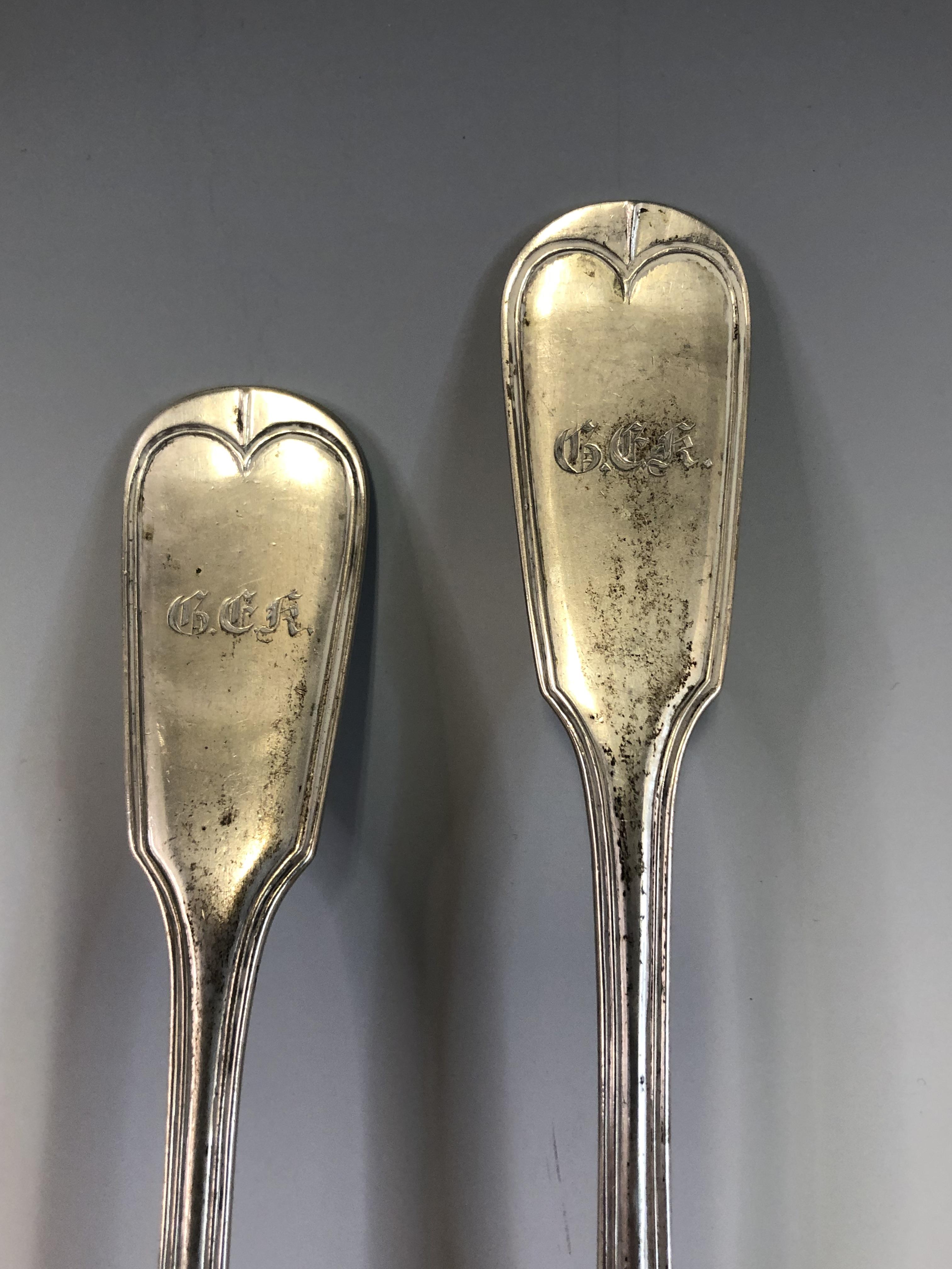 A PAIR OF 19th C. CANTONESE GEORGE III STYLE, SILVER FIDDLE AND THREAD PATTERN SERVING SPOONS BY - Image 4 of 4