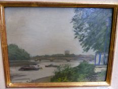 CHRISTOPHER MIERS (B.1941 ) PUTNEY BRIDGE, SIGNED, OIL ON BOARD, GALLERY LABEL VERSO. 15 x 20cms