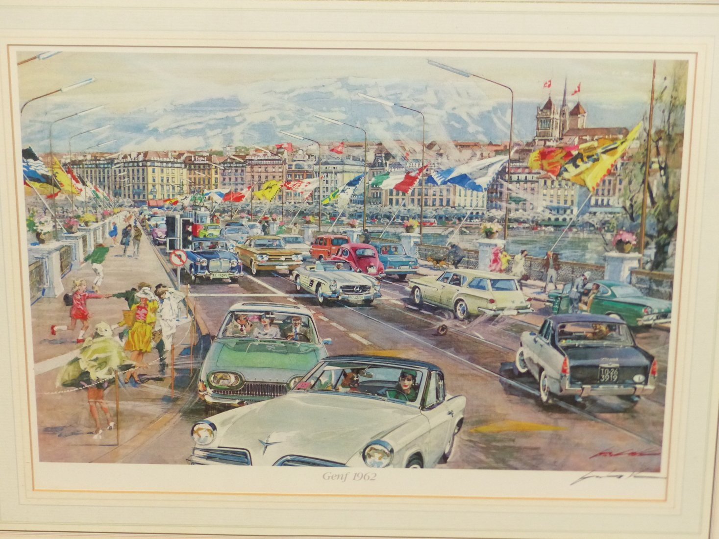 AFTER WALTER GOTSCHKE (1912-2000) ARR.GENF 1962, PENCIL SIGNED COLOURED PRINT. 41 x 57cms UNFRAMED